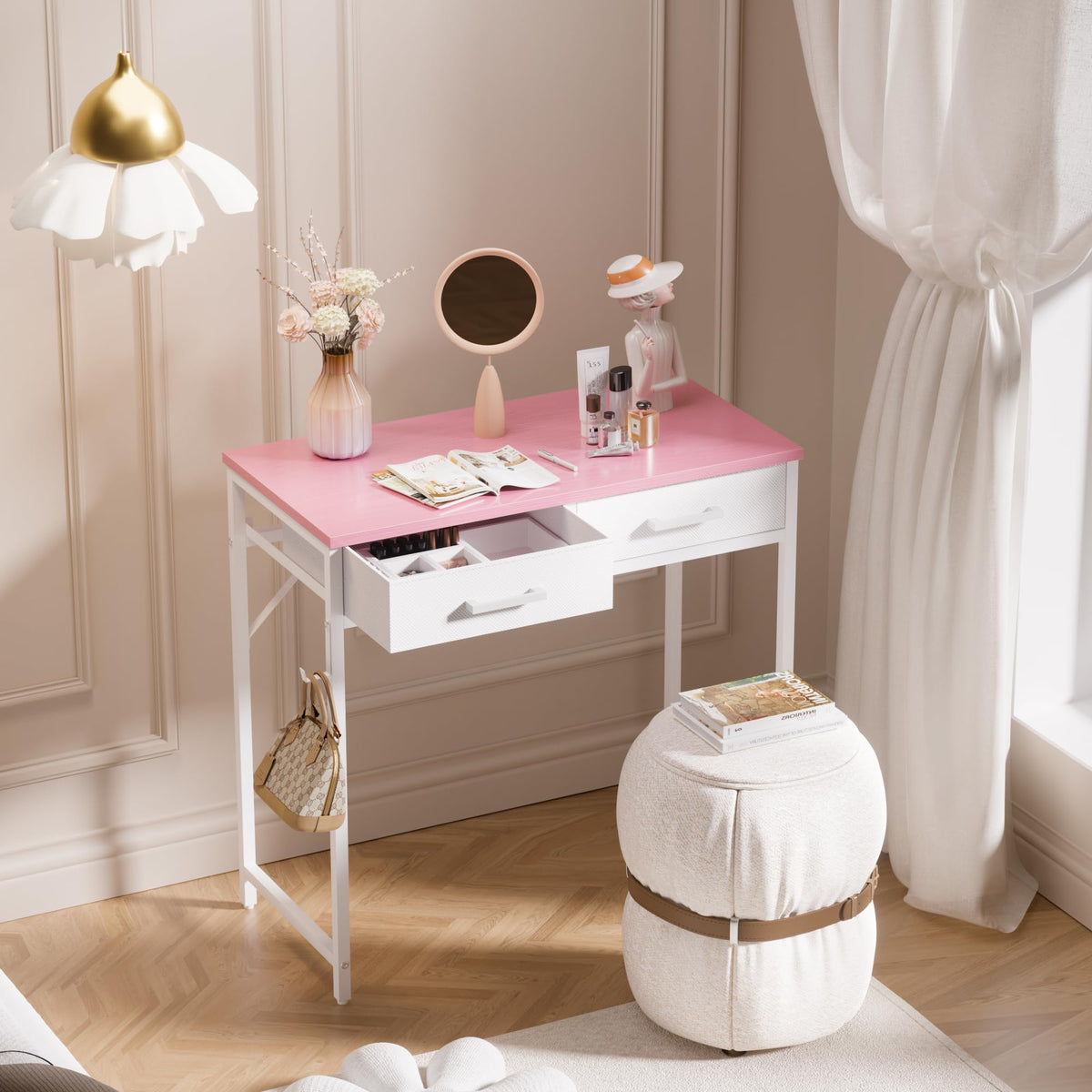 PAMRAY 80cm Small Computer Desk with 2 Drawers for Bedroom Study Writing Home Office Table for Small Spaces Pink