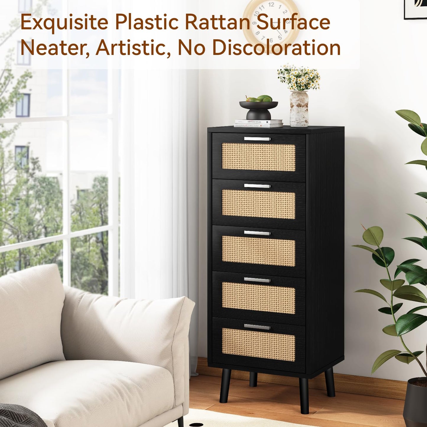IBUYKE Rattan Chest of Drawers Bedroom with 5 Drawers,Black WST010B