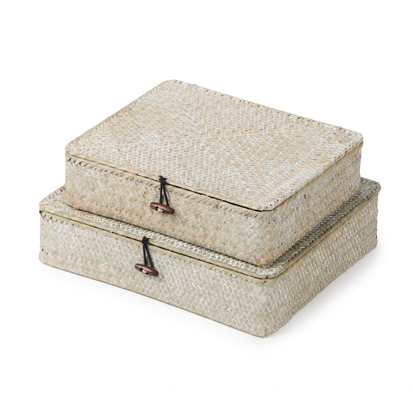 YANGQIHOME - Set of 2 Seagrass Baskets with Lids, Rectangular Woven Storage Baskets, Natural Wicker Boxes for Coffee Table, Shelf