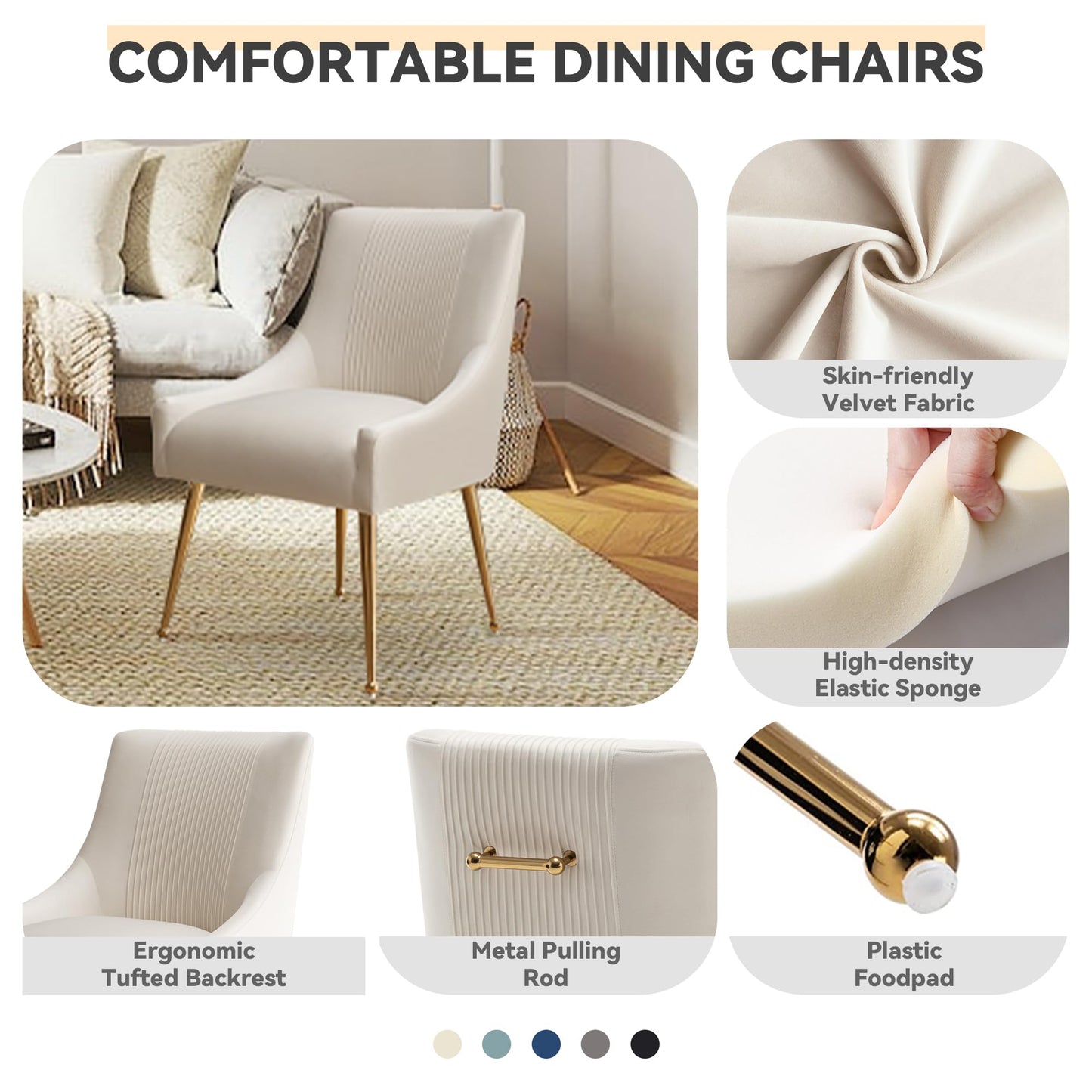SEYNAR Modern Dining Chairs, Velvet Upholstered Dining Room Chairs with Gold Legs,Tufted Accent Chair Set of 2 for Reception Room Living Room Study