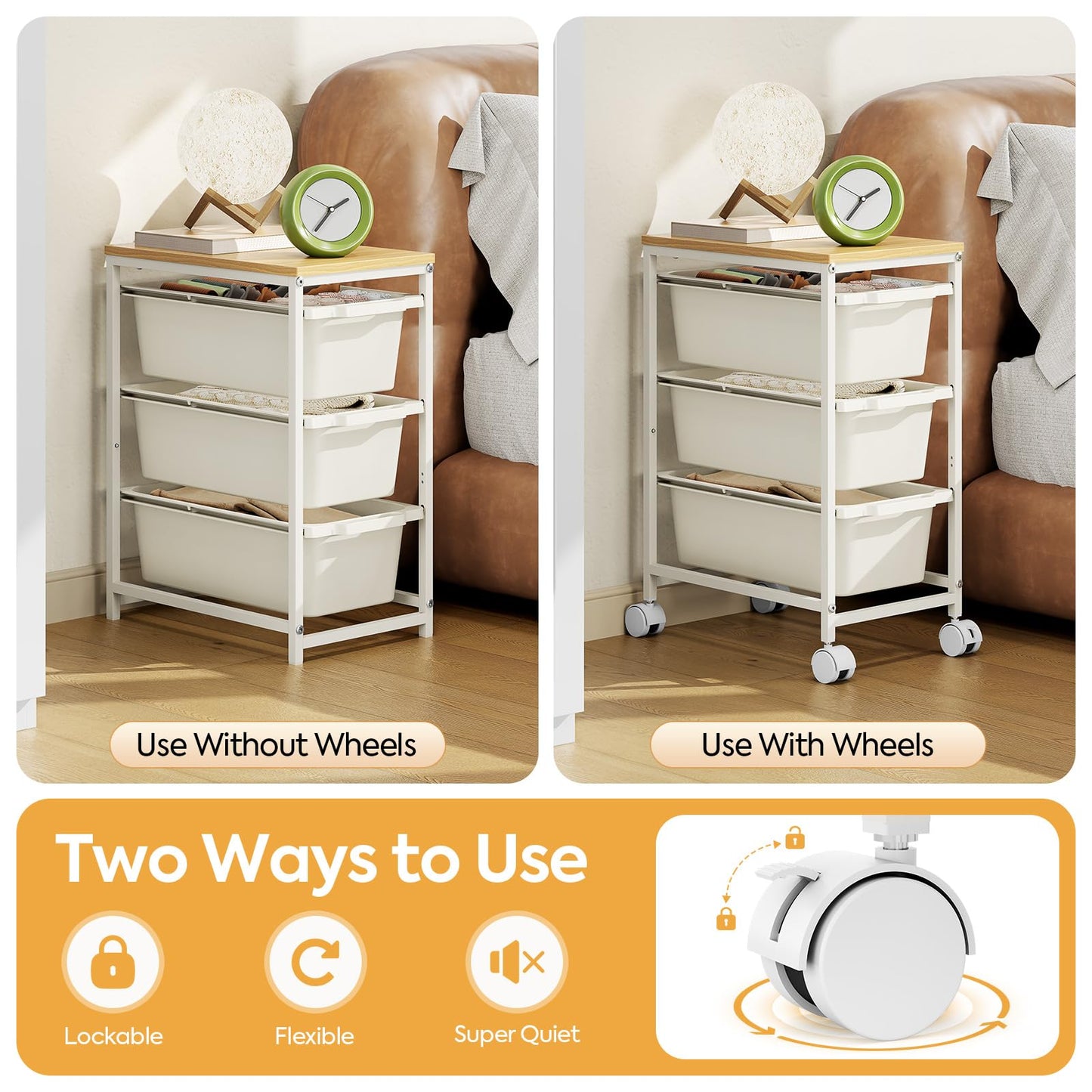 KINGBOARD 3 Drawers Storage Trolley on Wheels, White