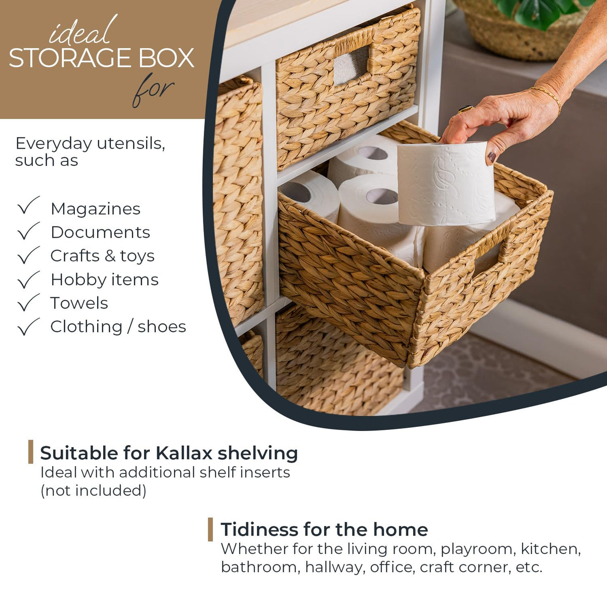 HMF storage basket compatible with KALLAX half shelf, basket woven from water hyacinth with handles | Set of 4 | 30 x 34 x 15 cm | Natural