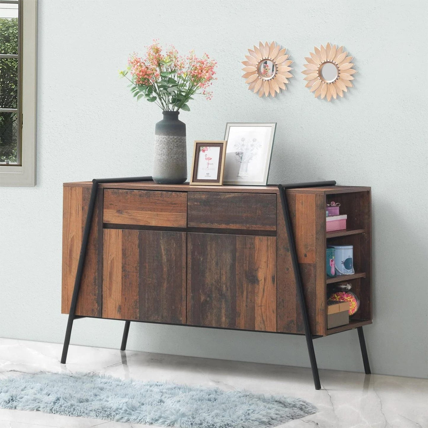Timber Art Design UK Abbey Sideboard Storage Cabinet with 2 Doors 2 Drawers Cupboard Rustic Industrial Furniture Storage Unit For Dining Room