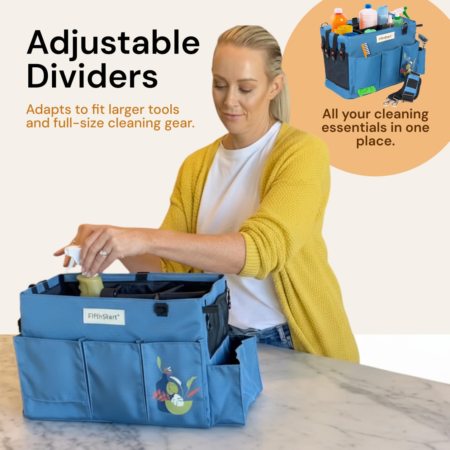 FifthStart Multipurpose Cleaning Caddy with Handle, Waist & Shoulder Strap - Nappy Caddy - 9 Pockets & Easily Cleaned