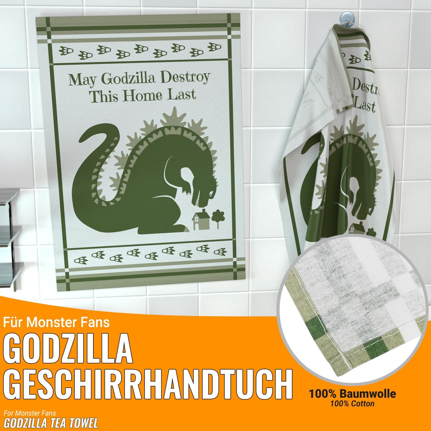 getDigital May Godzilla Destroy This Home Last Dish Cloth - A Funny Home Blessing Kitchen Towel for Geeks and Monster Movie Fans - 100% Cotton