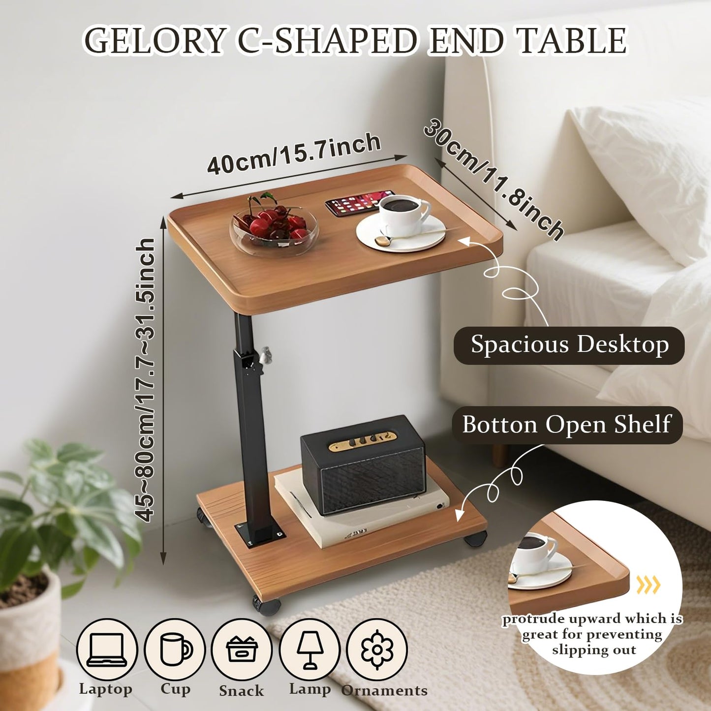 C Table End Table Adjustable Height 360° Swivel TV Tray Table With Wheels
