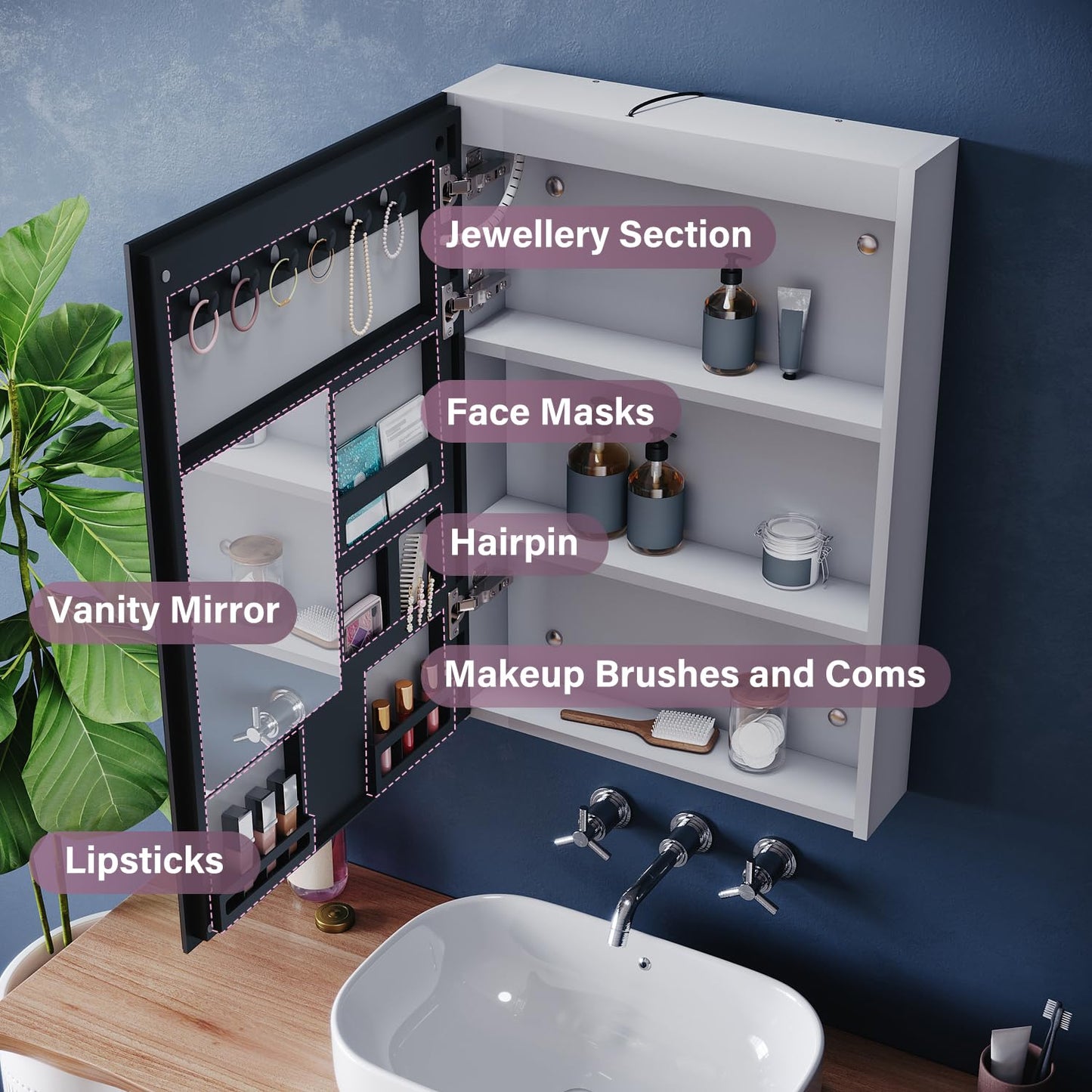 ZANOFIRA Bathroom Mirror Cabinet with LED Lights and Shaver Socket, 485x700mm Fully Assembled Wall-Mounted Mirror Storage Cabinet with 3 Colors