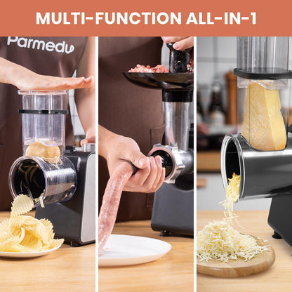 Parmedu Electric Cheese Grater & Meat Grinder: Electric Vegetable Cutter Electric Slicer Shredder Salad Maker - Professional Meat Mincer with 2