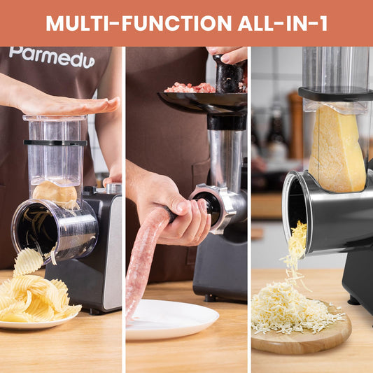 Parmedu Electric Cheese Grater & Meat Grinder: Electric Vegetable Cutter Electric Slicer Shredder Salad Maker - Professional Meat Mincer with 2