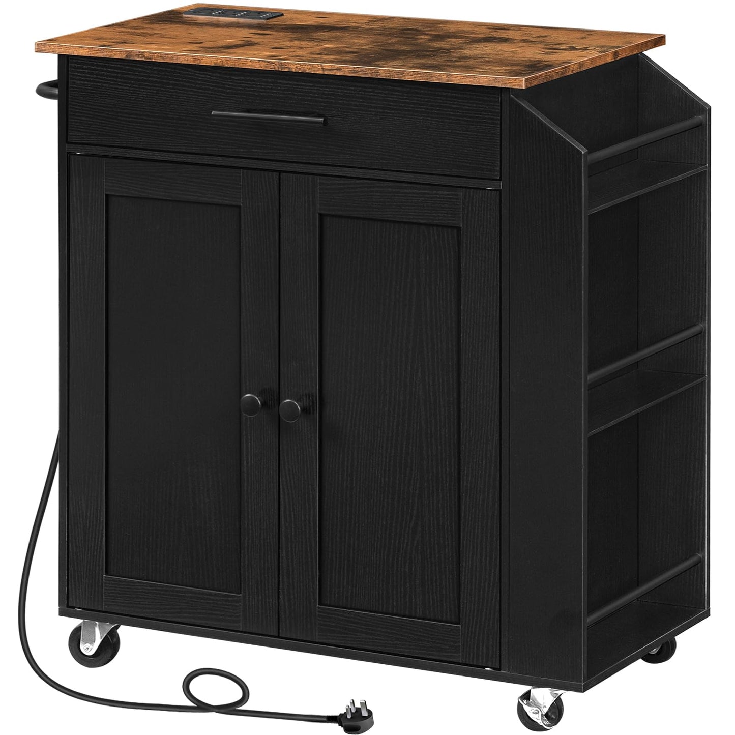 HOOBRO Kitchen Island on Wheels, Rolling Kitchen Island Storage Trolley with Spice Rack and Drawer, with Power Outlet, Utility Serving Cart, for Home