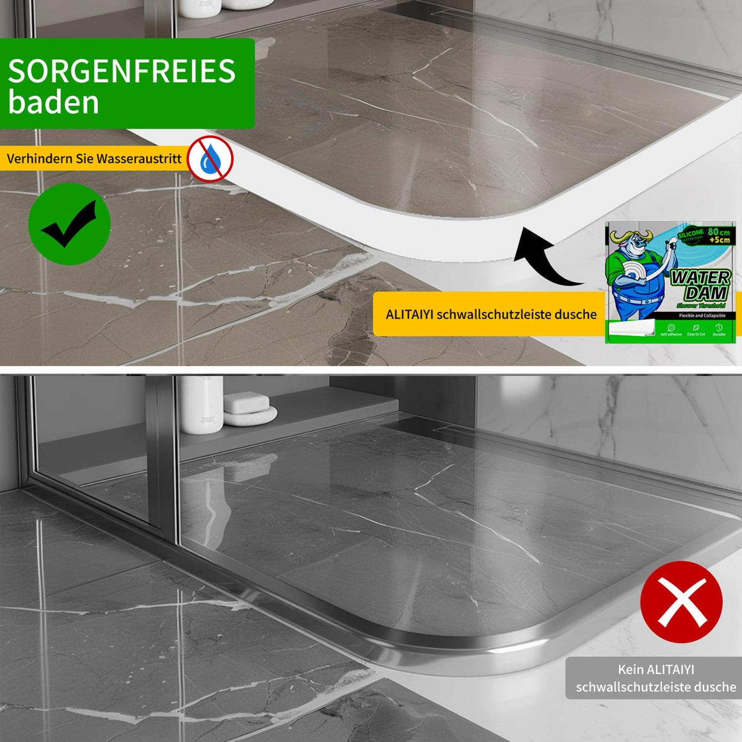 ALITAIYI Wet Room Floor Barrier, Shower Threshold, White, 85 cm