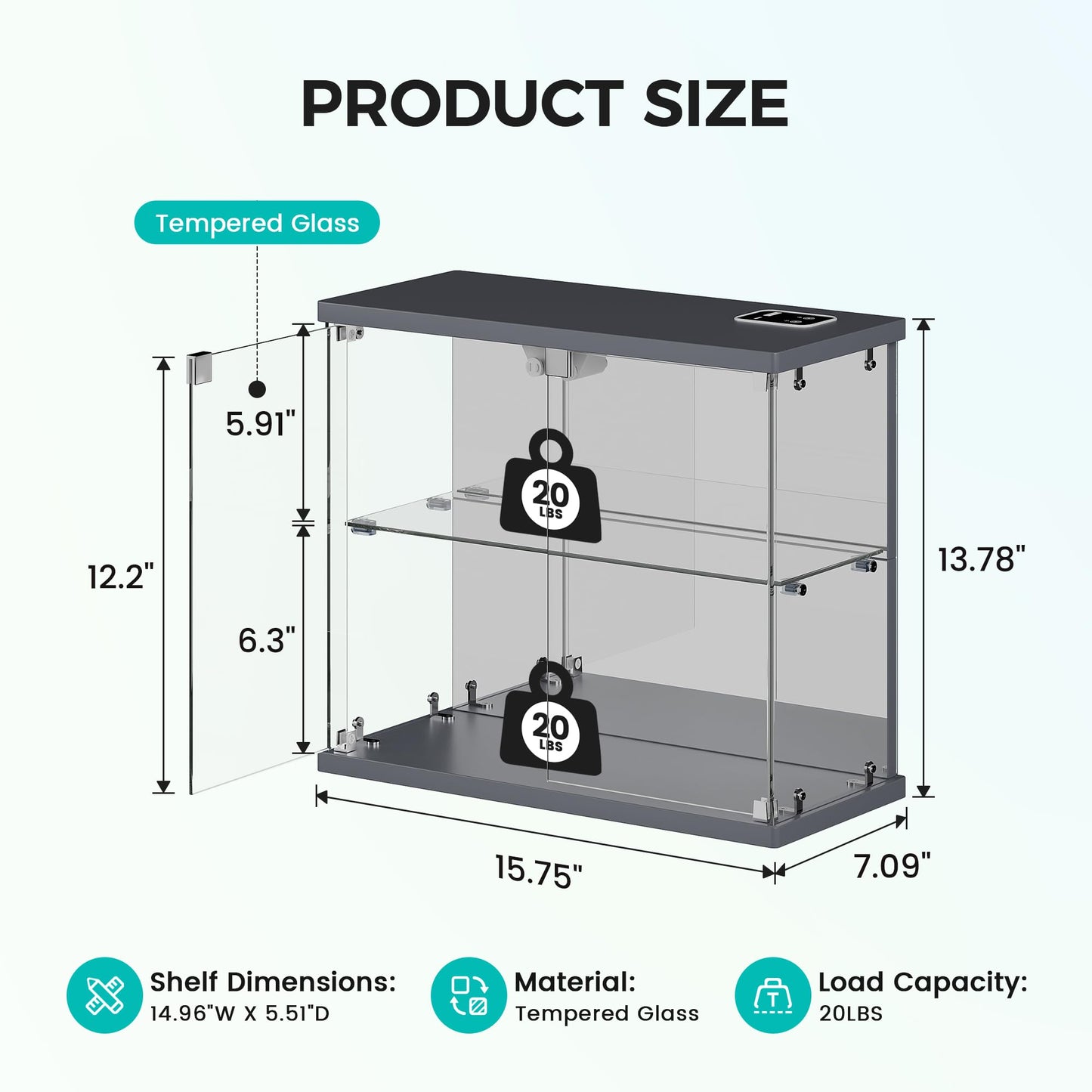 FREDEES Glass Display Cabinet Case with LED Lights, Grey