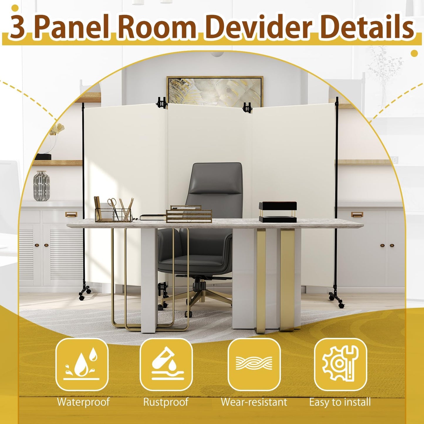 HIDODO 3 Panel Upgraded Room Divider with Wheels, 261cm W x 183cm H, Beige