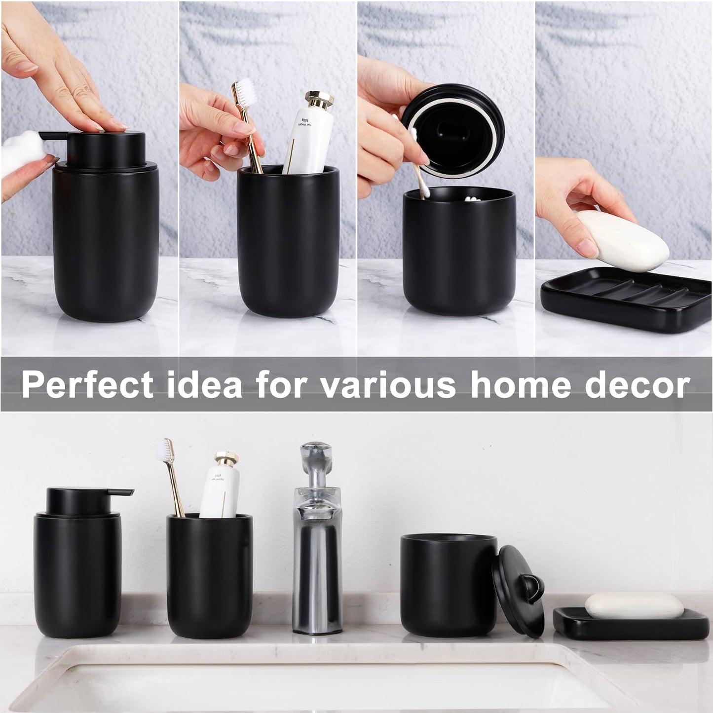 BosilunLife 4 pcs Ceramic Bathroom Accessories Set - Black Bathroom Counter Soap Set, Foam Dispenser, Soap Dish, Toothbrush Holder/Tumbler