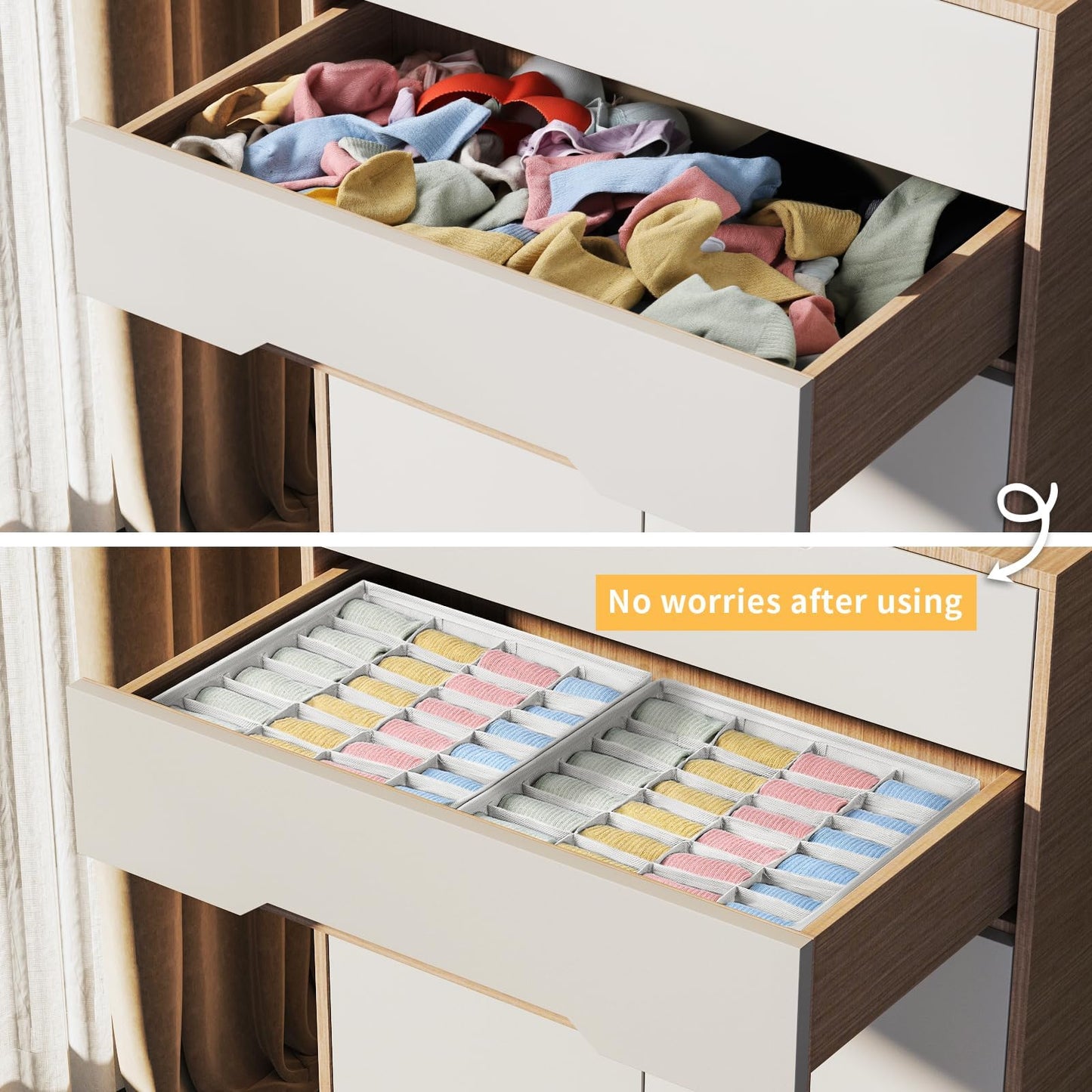 DIMJ Sock Drawer Dividers - 2 Packs Underwear Organiser 48 Cells, White