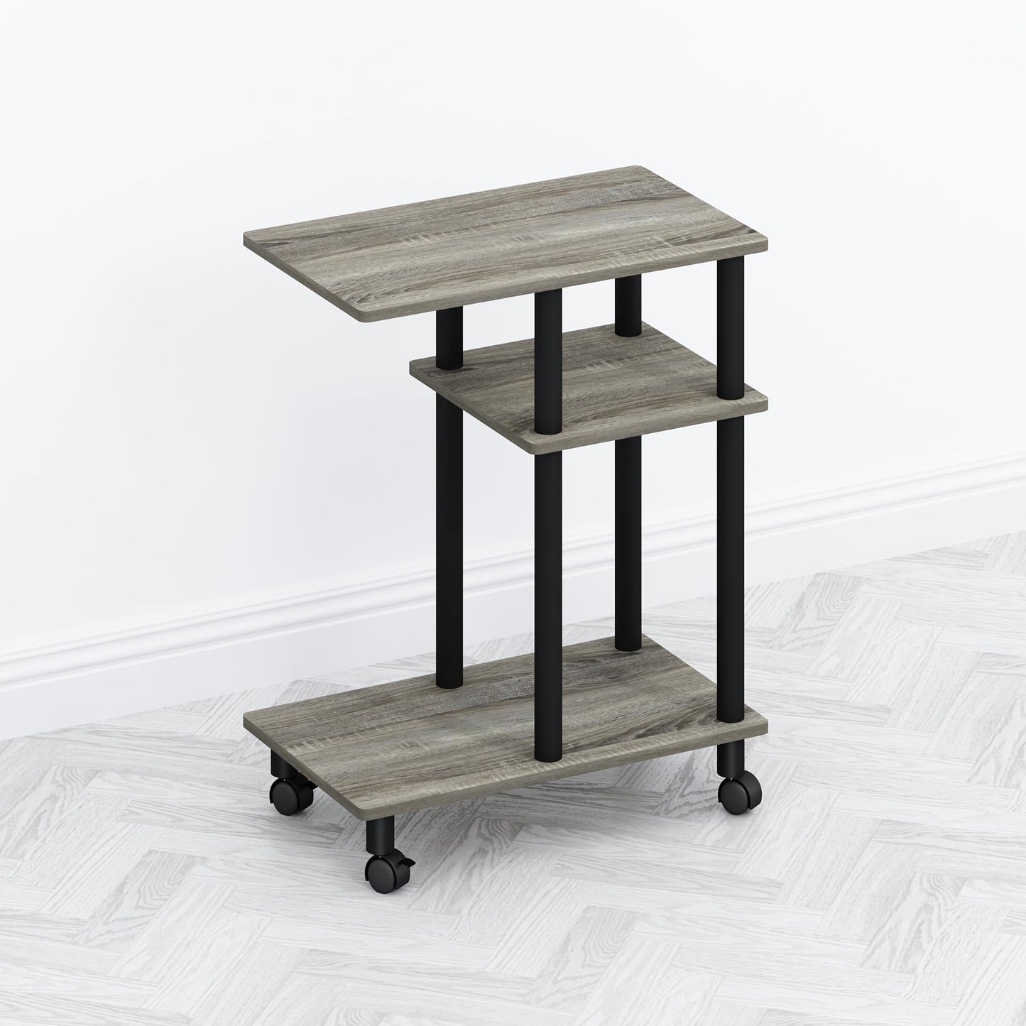 Furinno TOMI Side Table, 3-Tier C-Shape Open Shelf End Table with Wheels, Night Stand, Bedside Table, Toolless Assembly, for Living Room, Bedroom