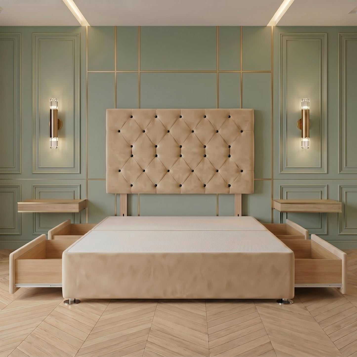 Bed Centre Premier Divan Base with 2 Drawers and Matching Headboard - Available in Multiple Fabrics and Colours (3FT Single, Plush Beige)