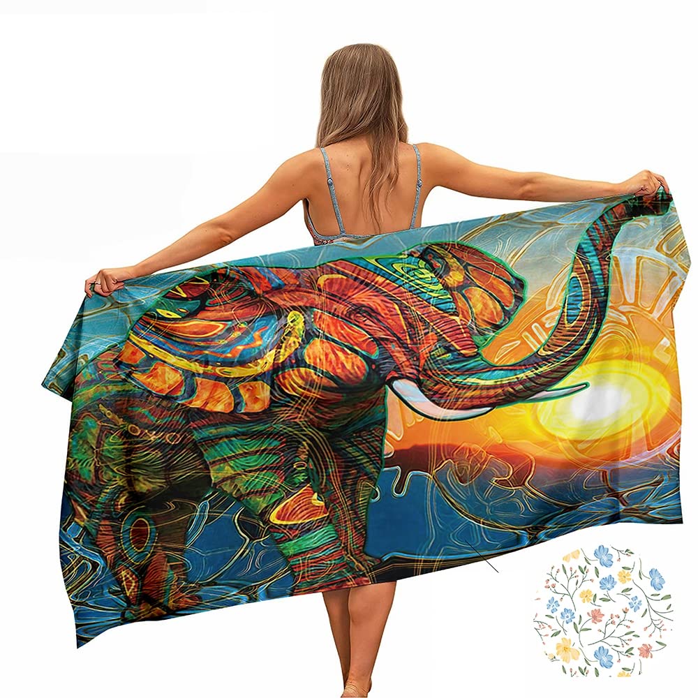 Ulticool Microfibre Towel - Elephant Hippie Flowers - 160 x 80 cm - Lightweight Travel Towel Quick Drying Bath Towel Beach Towel Sauna Towel