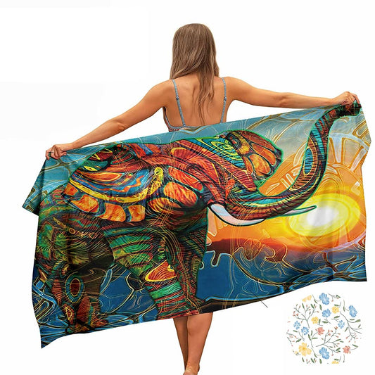 Ulticool Microfibre Towel - Elephant Hippie Flowers - 160 x 80 cm - Lightweight Travel Towel Quick Drying Bath Towel Beach Towel Sauna Towel