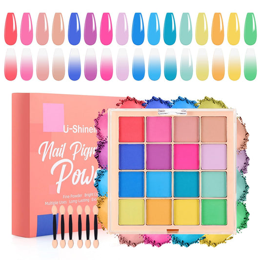 U-Shinein Nail Pigment Powder Palette Set, 16 Colors Ombre Nail Powder Palette French Aura Nails Ombre Nail Brush Nail Long-lasting Manicure Art DIY