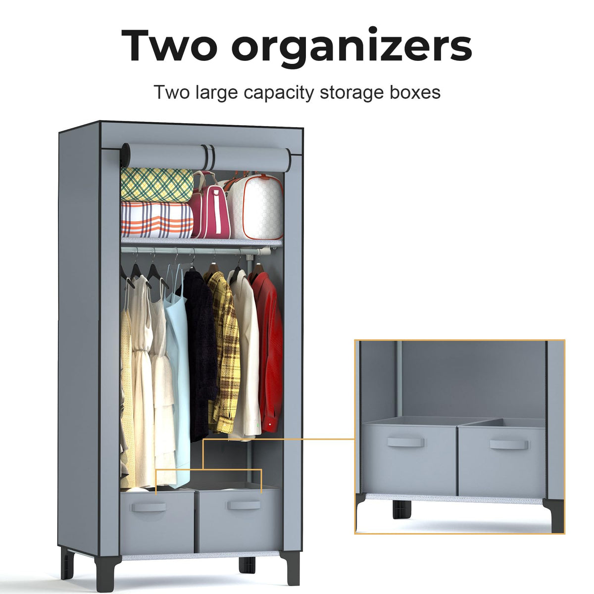 YasTant Canvas Wardrobe for Bedroom Fabric Wardrobe Closet with 2 Hanging Rails,2 Drawers, Portable Temporary Stable Base 161 * 59 * 45cm