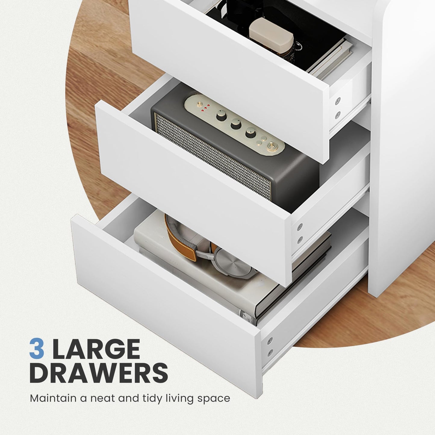 YITAHOME Bedside Table 3 Drawers Charging Station Nightstand 2 USB Ports