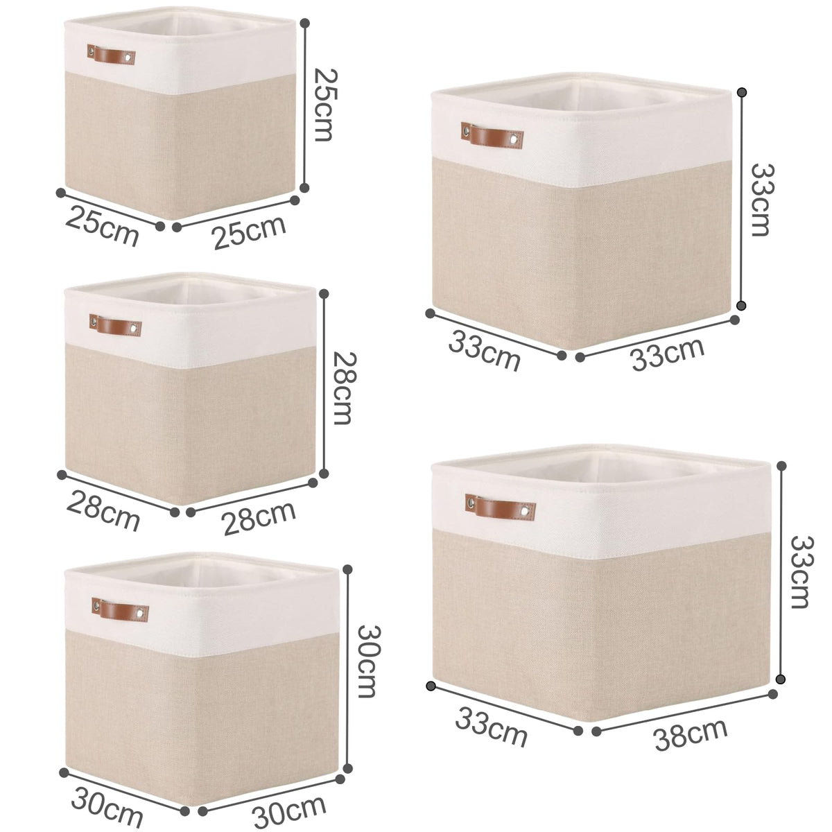 Mangata Collapsible Storage Cube Boxes, 30cm Cube Linen Woven Fabric Storage Baskets with Leather Handles 3pcs Light Khaki and White