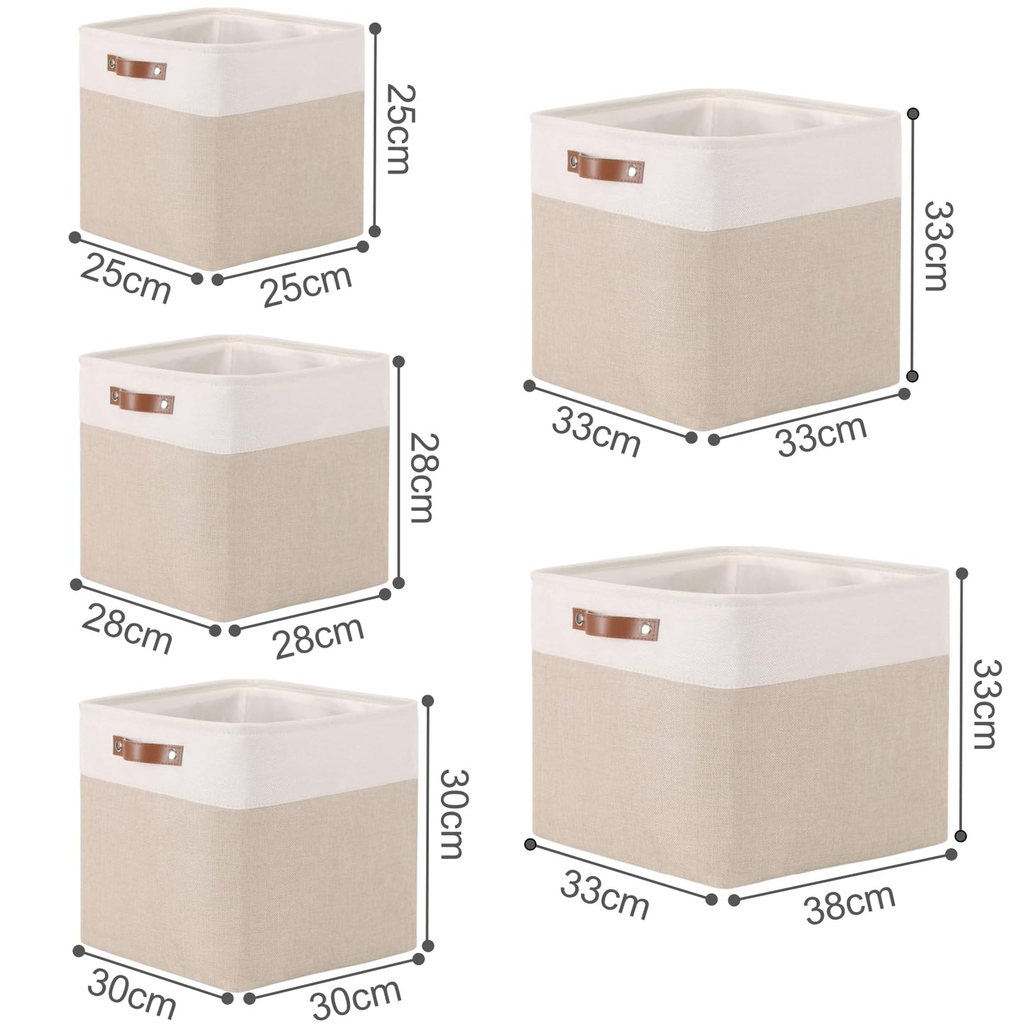 Mangata Collapsible Storage Cube Boxes, Linen Woven Fabric Storage Baskets, Cube Closet Organizer with Leather Handles (Light Khaki and White)