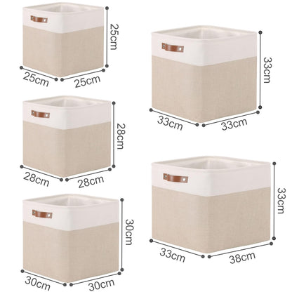 Mangata Collapsible Storage Cube Boxes, Linen Woven Fabric Storage Baskets, Cube Closet Organizer with Leather Handles Light Khaki and White