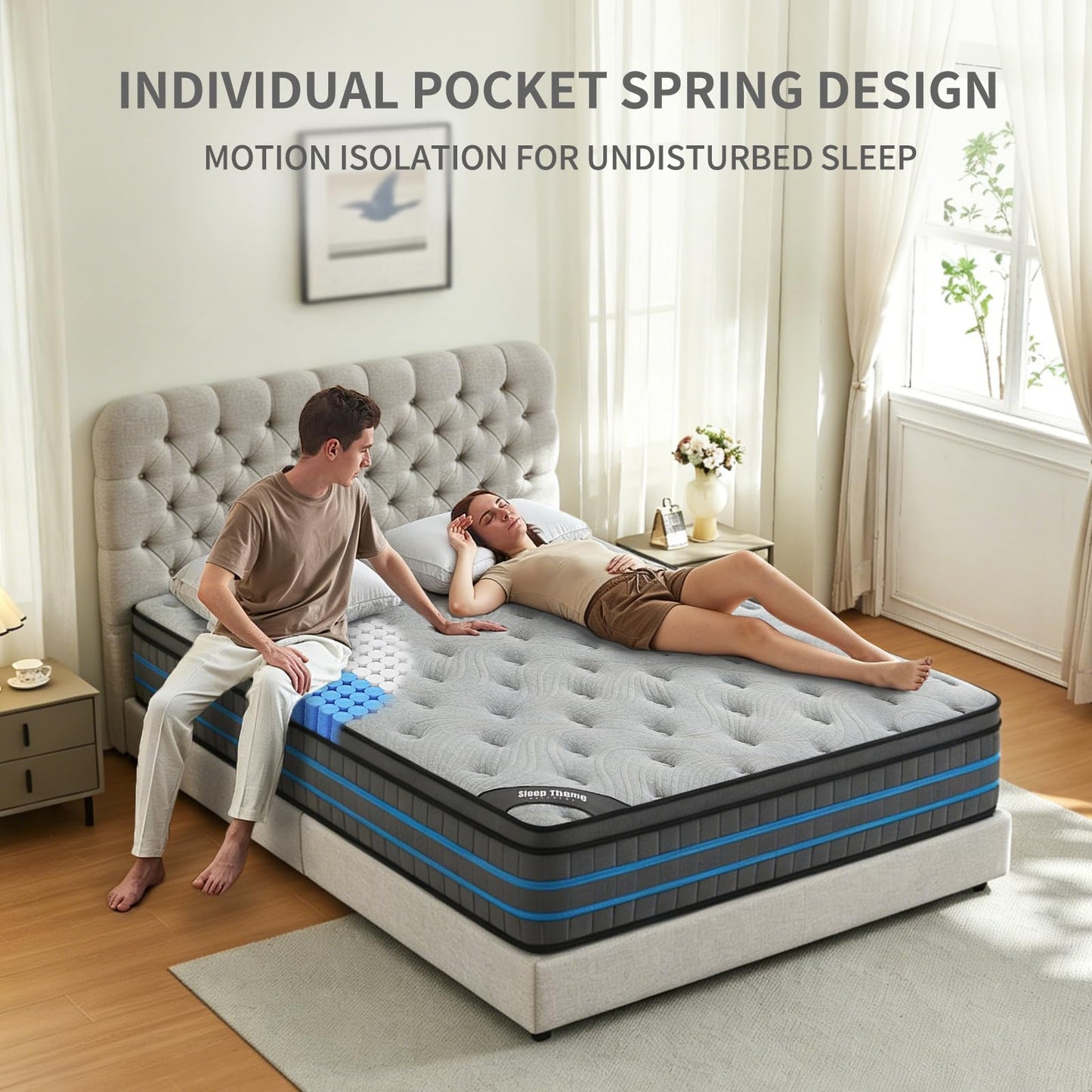 SleepTheme 4FT6 Double Mattress,135x190x28cm Hybrid Pocket Sprung, Med Firm