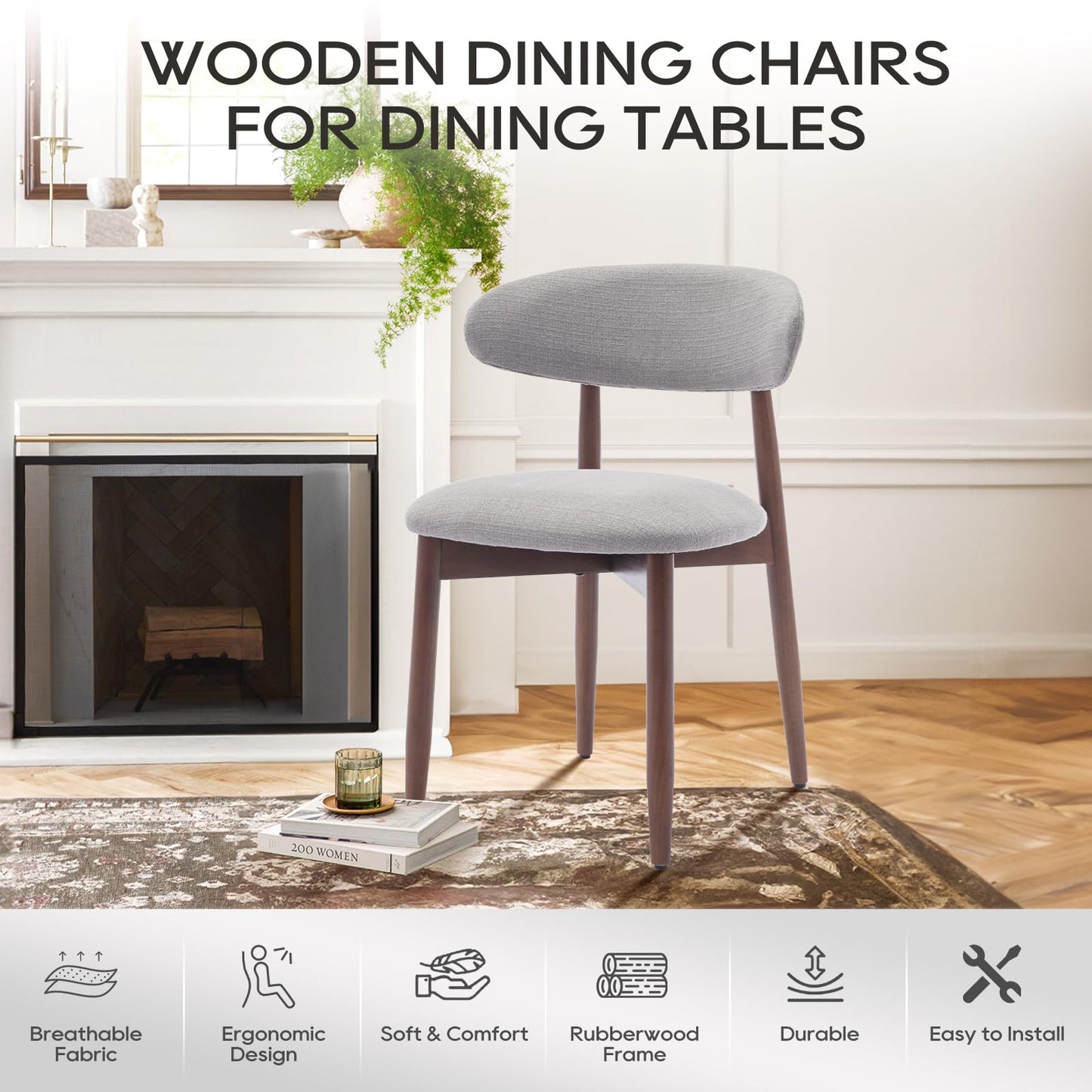 COLAMY Modern Dining Chairs Set with Wooden Legs – Upholstered Fabric Dining Room Chairs with Curved Backrest, Soft Cushion Seat