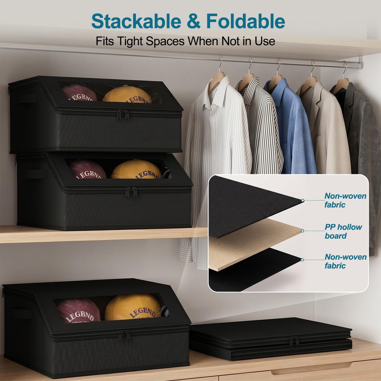 SONAMBULO Hat Storage Box for Baseball Caps, Stackable, Holds 24 (Black)