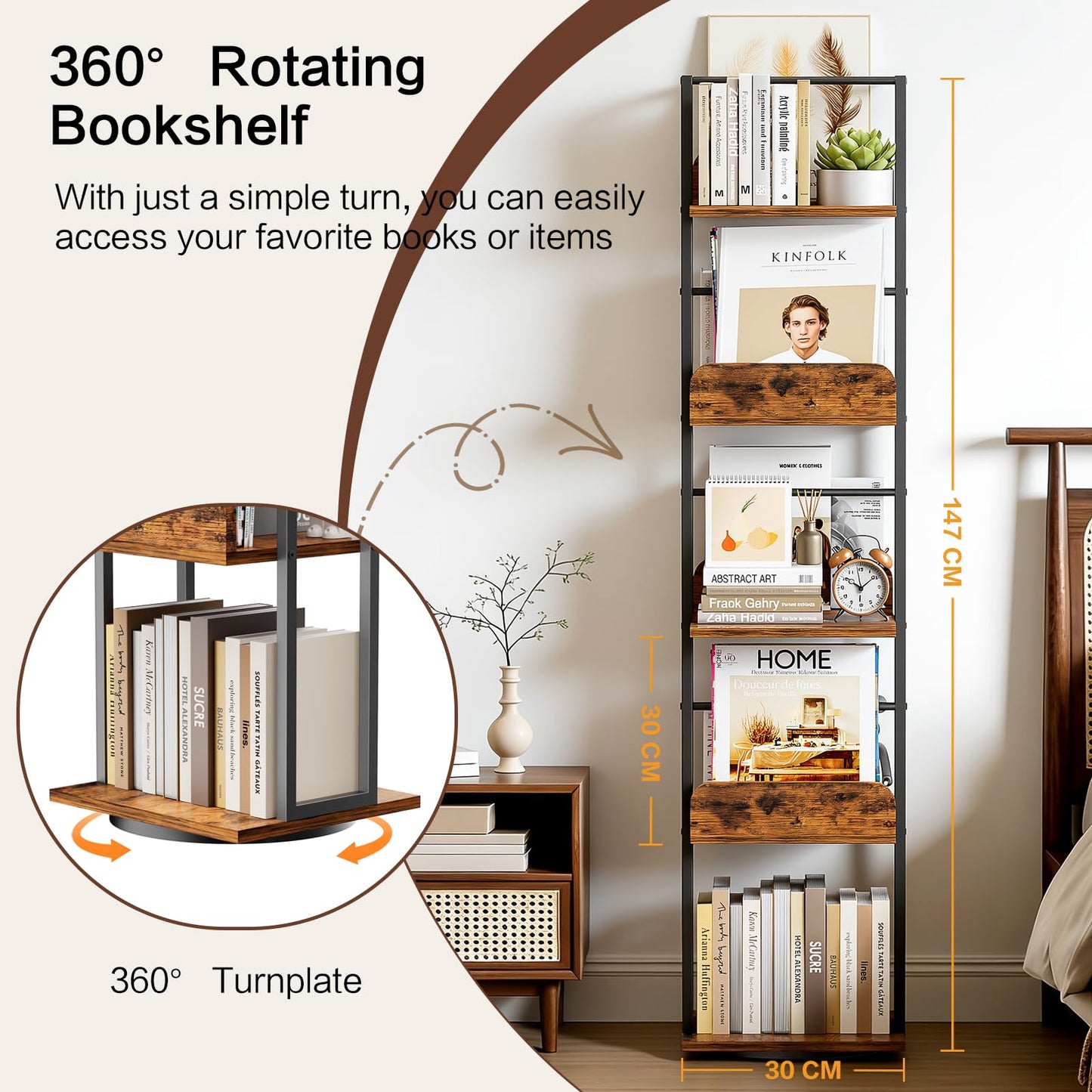 Bikoney 5-Tier Rotating Bookshelf, Tall Industrial Corner Book Tower