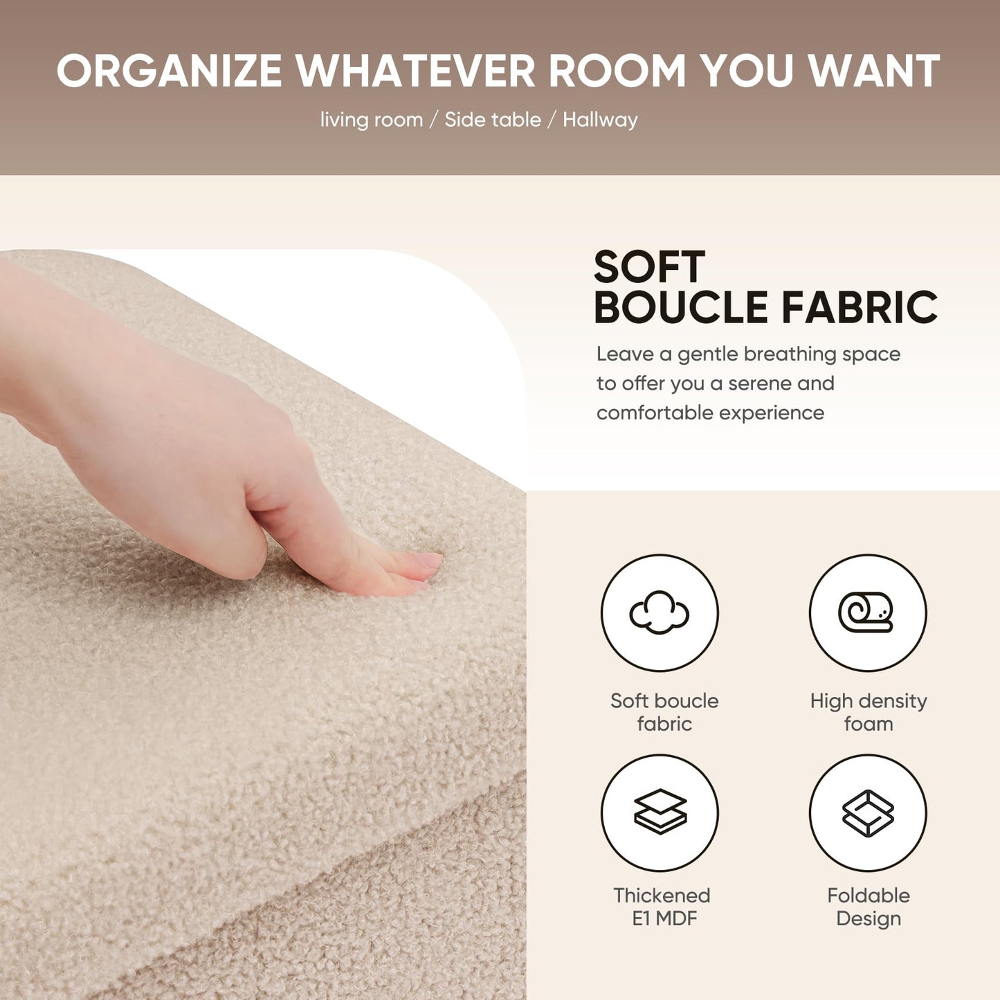 Bonlife Boucle Ottoman Storage,Foot Rest Stool Seat,Folding Footstool for Living Room,Sherpa Ottoman for Bedroom,Beige,40x40x40cm
