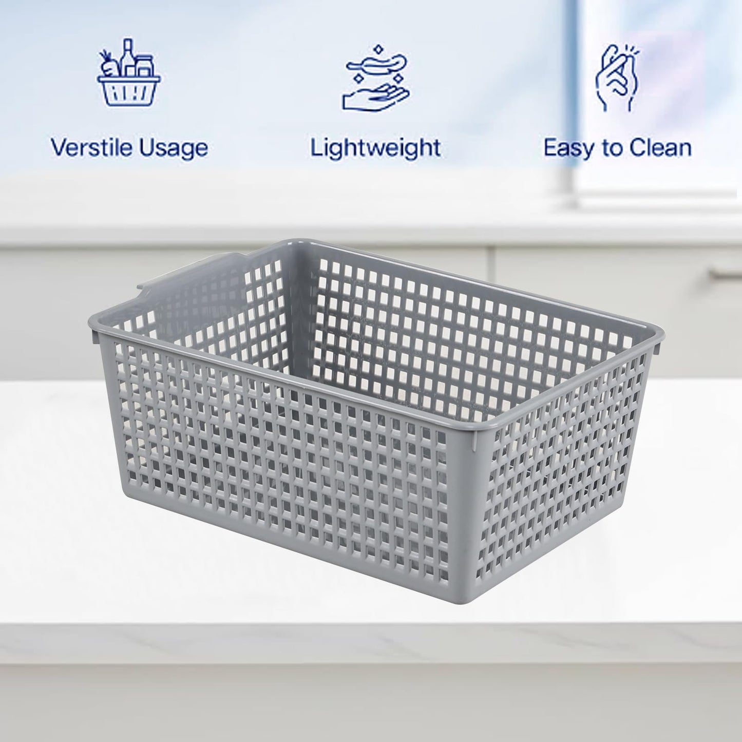 Minekkyes Set of 6 Plastic Cupboard Basket, Large Rectangle Storage Baskets for Home Office Bathroom Shelves(Gray)