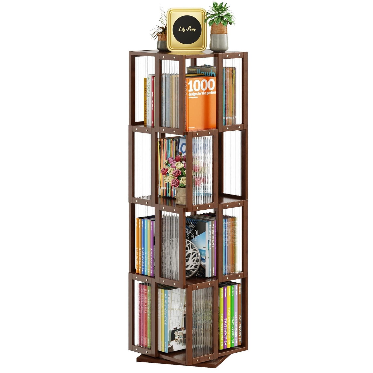 BAMEOS Rotating Bookshelf Tower 4 Tier，360°Storage Spinning Bookcase, Solid Wood Brown Cube Corner Bookshelf for Office, Bedroom and Living Room