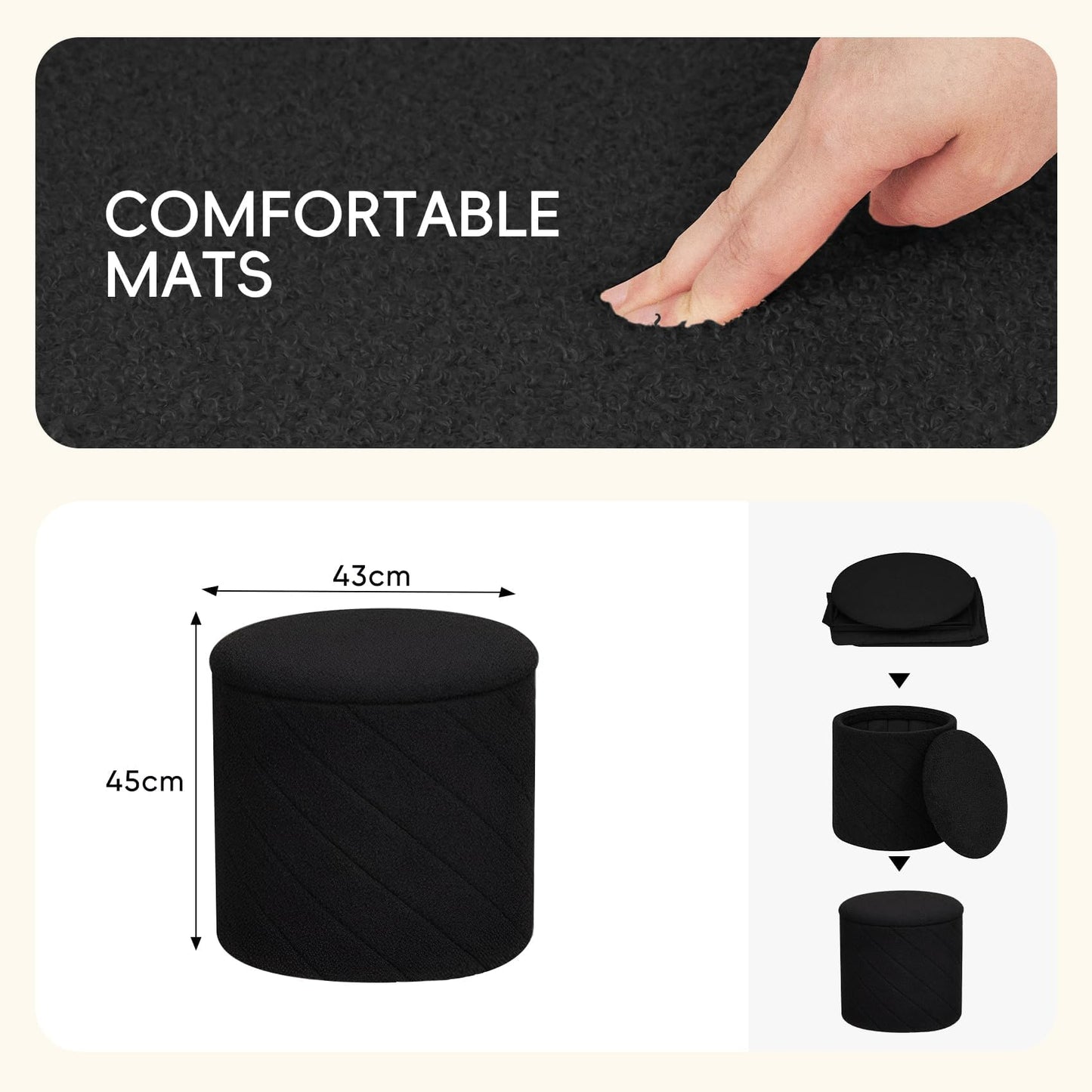 PINPLUS Round Ottoman Storage Box, Folding Stool, Black, 43x43x45 cm