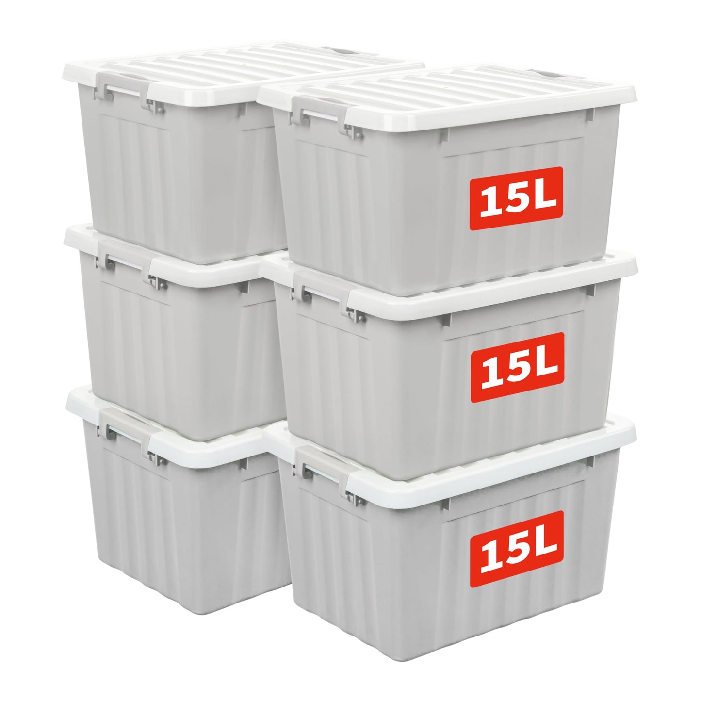 Cetomo 15L*6 Storage Boxes with Lids, Plastic Storage Box with Secure Side Latches, Stackable & Nestable Organizer for Home, Office, Moving, PP, Gray