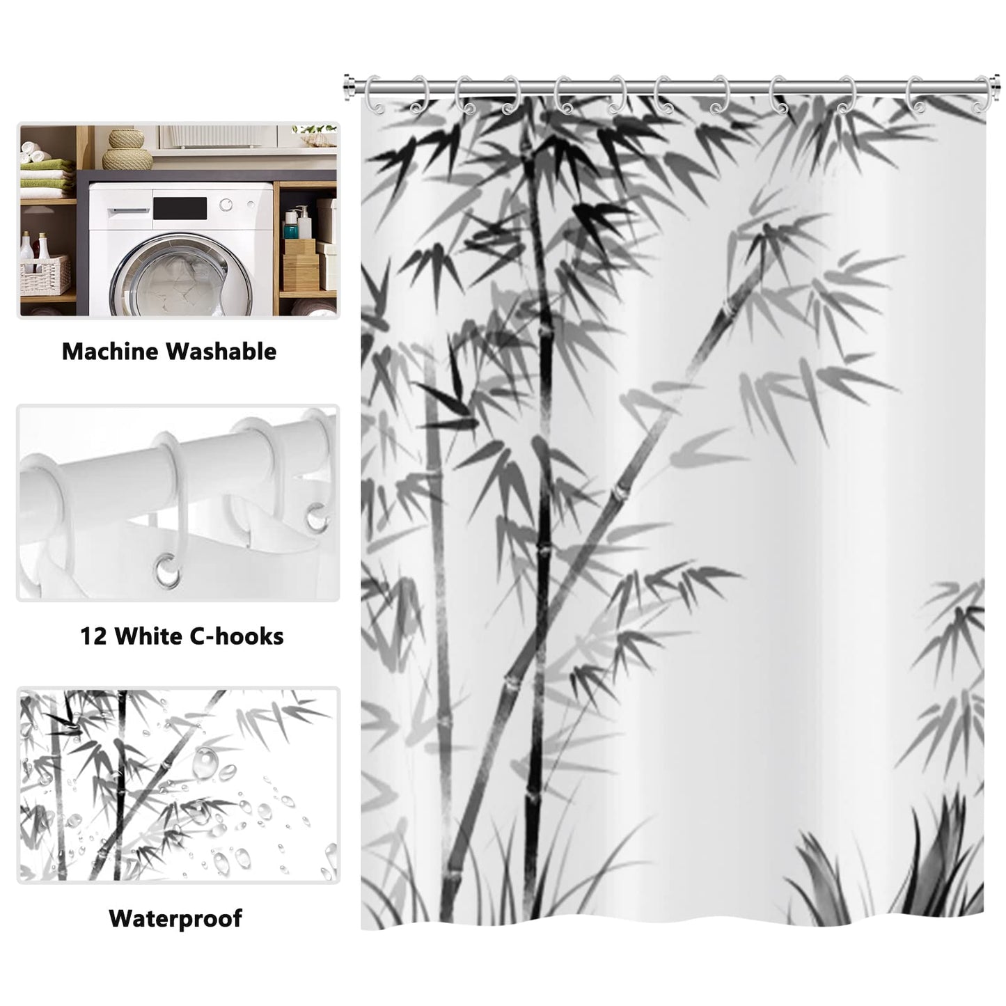 ASDCXZ Shower Curtain Bamboo 180x200 cm, Elegant Simple Black Bamboo Leaves Washable Bath Shower Curtains Polyester Textile Waterproof Outdoor Shower