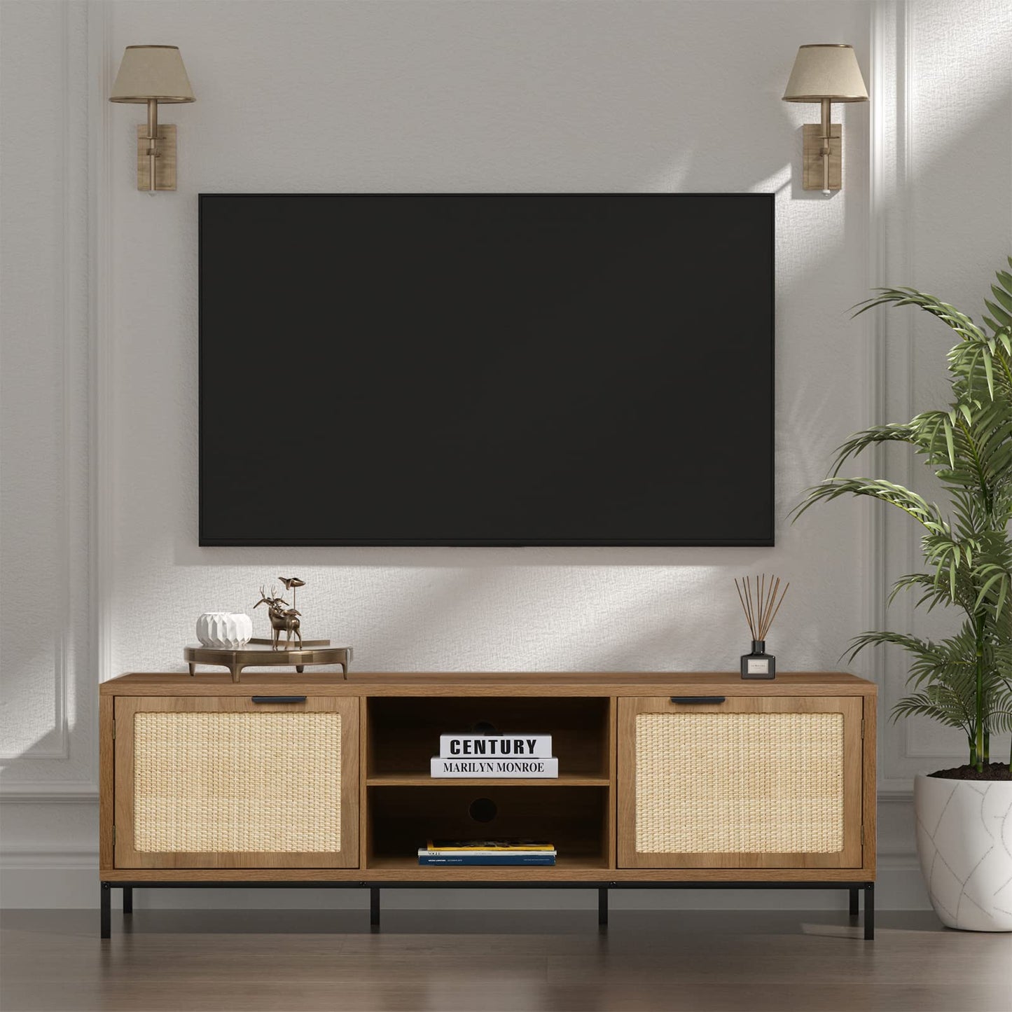 Skokliz TV Unit, TV Stand Cabinet for TVs up to 65 inch, Boho TV Console with 2 Rattan Door Storage, 150cm Long TV Cabinets for Living Room, Bedroom