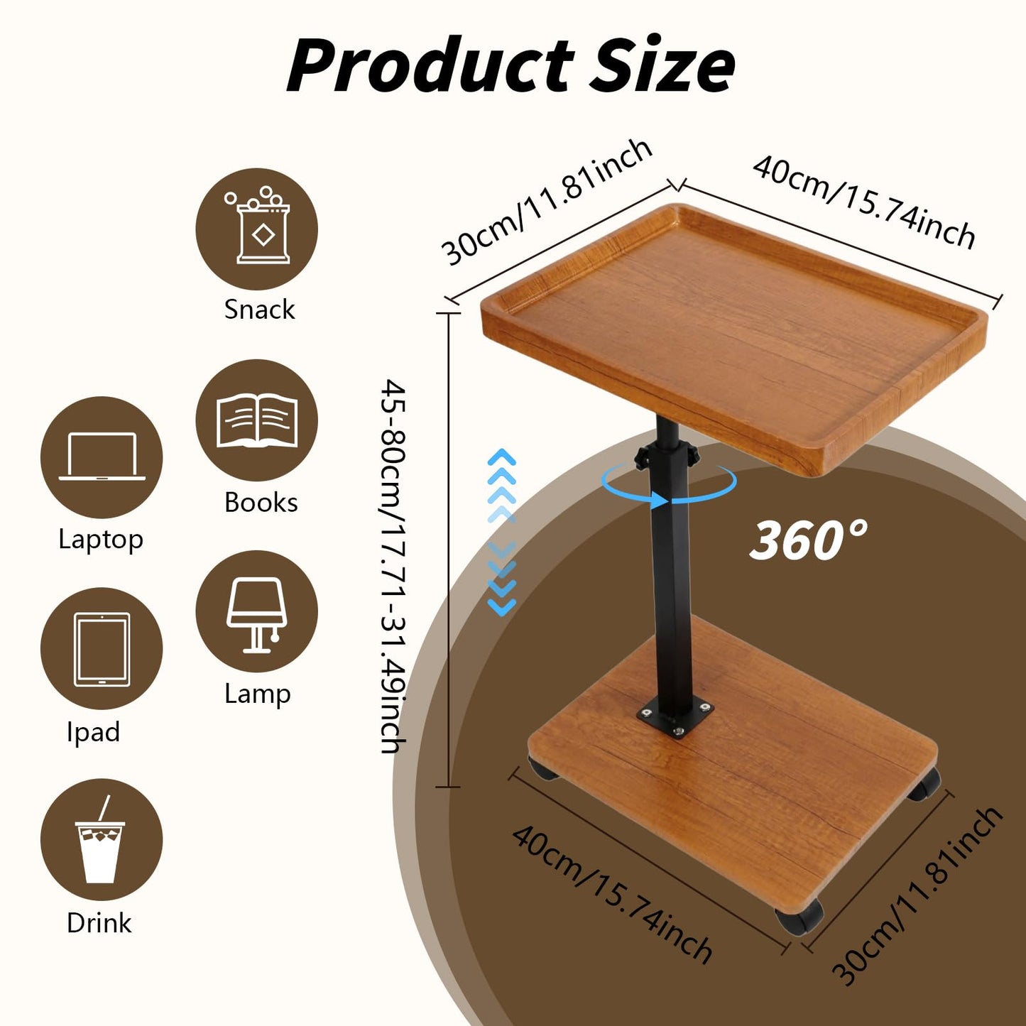 XUDREZ Adjustable Side Table, C Shaped Small Table with 4 Wheels 364° Swivel Tray, End Table for Living Room Bedroom Sofa Small Spaces (Wood color)