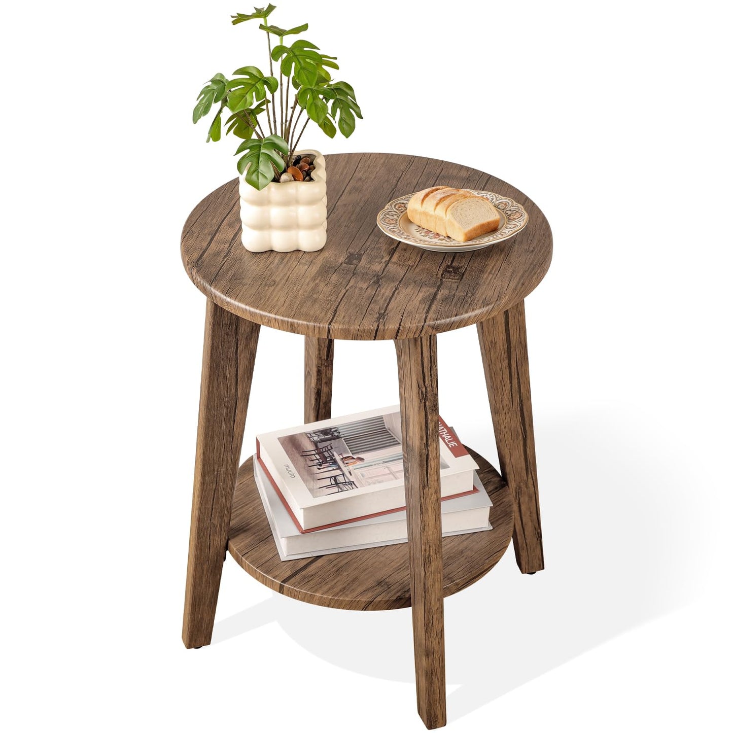 FEUFOAM Round End Table 2 Tier Wooden Side Tables with Storage Shelf Modern Nightstand Bedside Table for Small Spaces, Living Room