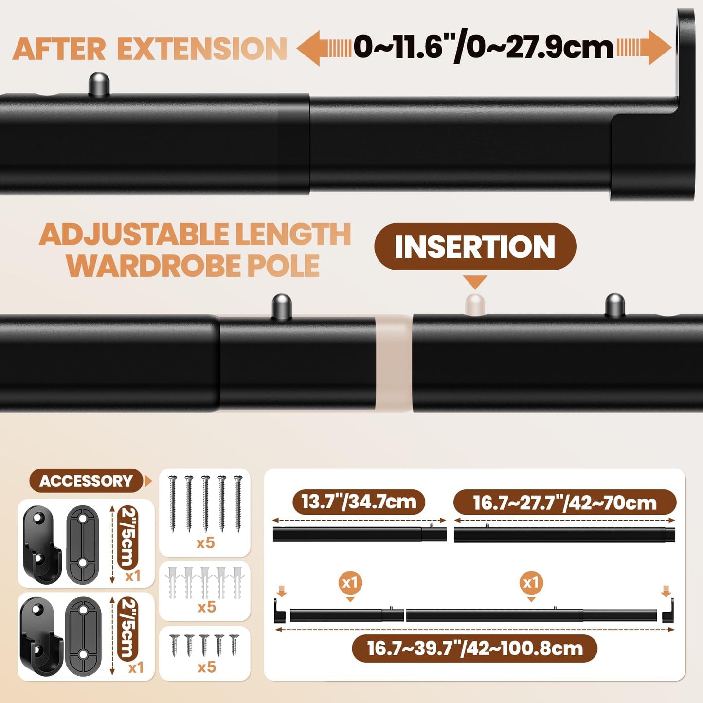 Wardrobe rail,28MM Extendable clothes rail 42 to 101 CM, Hanging Pole