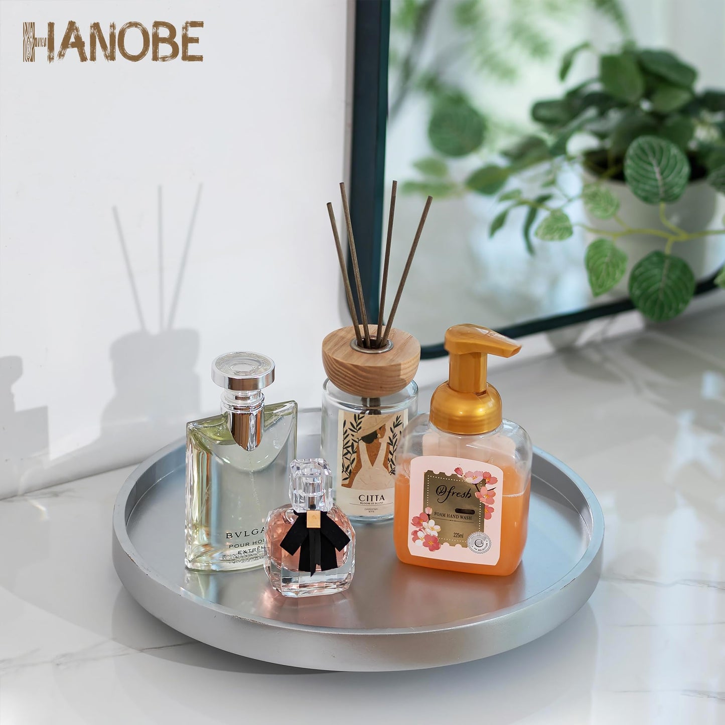 Hanobe Lazy Susan Bathroom Tray: Decorative Round Table Centerpieces 12 inch Turntable Organizer for Countertop Dining Room Kitchen Pantry Champagne