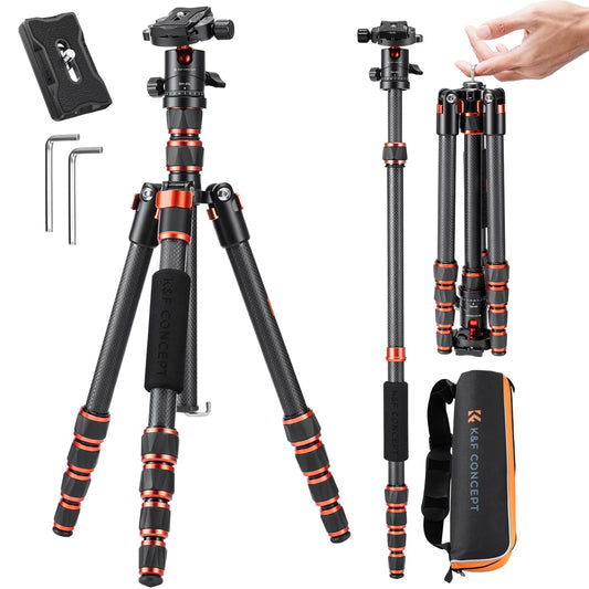 K&F Concept 61" Carbon Fibre Camera Tripod, Lightweight Compact Tripod with 2 Sections Central Column, Low Profile Ball Head and Carry Bag for DSLR