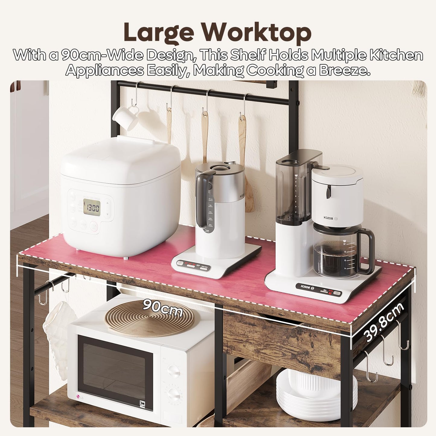 Bestier Microwave Oven Rack, 90cm Large Microwave Oven Kitchen Rack with 2 Height-Adjustable and Removable Shelves, High Load-Bearing Design, Drawers