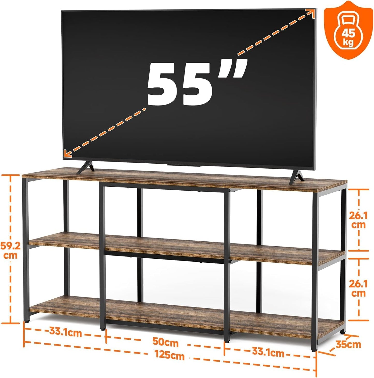 Aquzee TV Stand, 125 cm TV Stand Cabinet, 3 Tier Wooden TV Console Table Unit with Storage