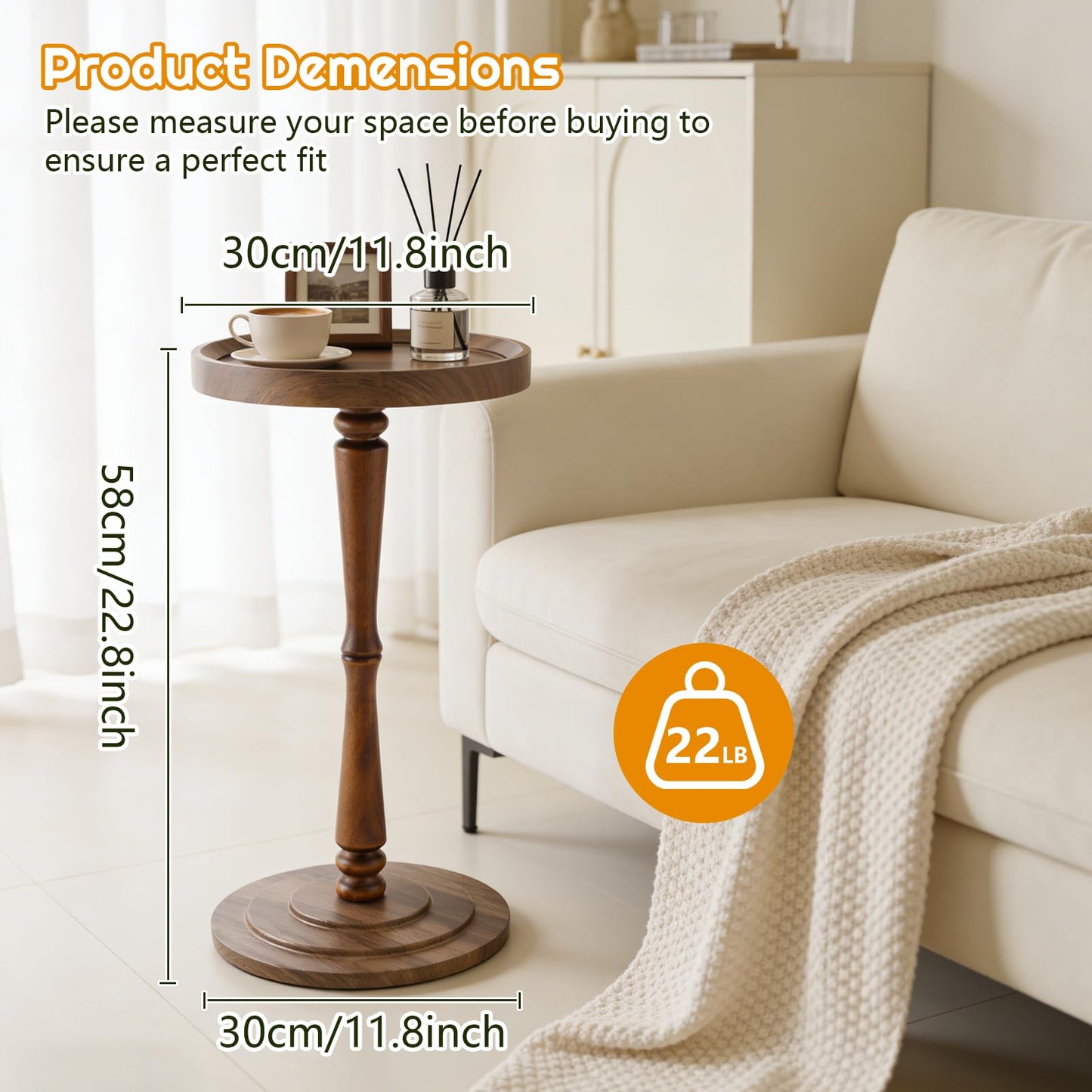Simcat Round Side Table Bamboo Joint Design, Small Round Coffee Table for Small Spaces with Solid Wood Leg for Living Room, Bedroom, Corners