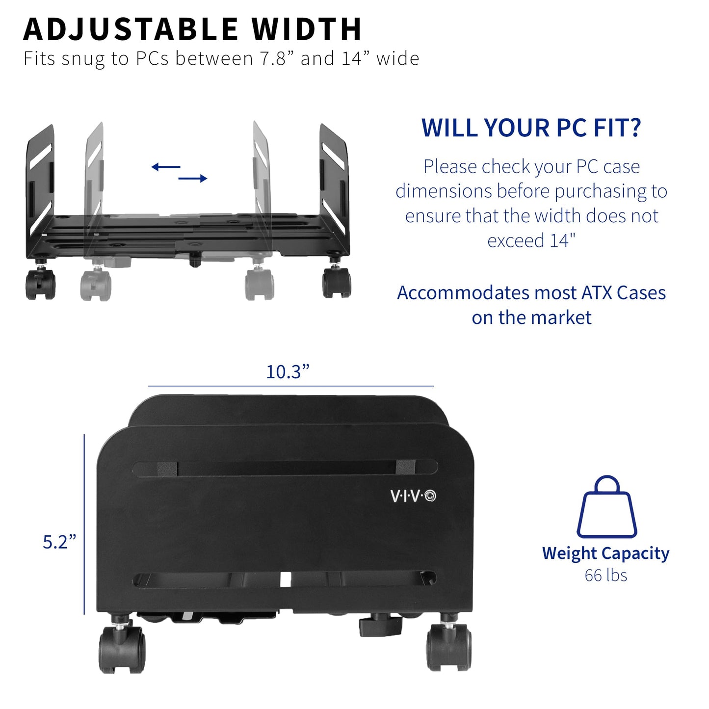 VIVO Large Computer Tower Desktop ATX-Case, CPU Steel Rolling Stand, 7.8 to 14 inch Wide Adjustable Mobile Cart Holder with Locking Caster Wheels