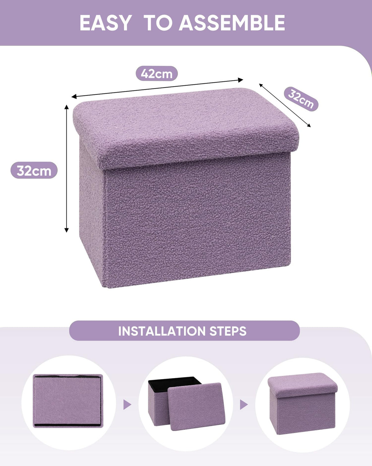 Bonlife Boucle Ottoman Seat with Storage,Folding Small Footstool for Living Room,Cube Toy Chest Box,Foot Rest,Purple,42x32x32cm